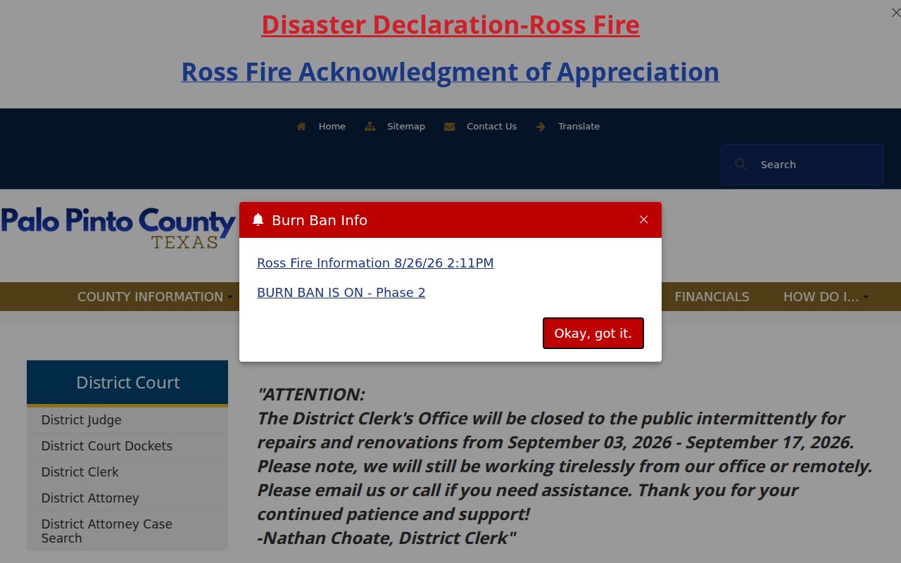 Palo Pinto County District Clerk records page