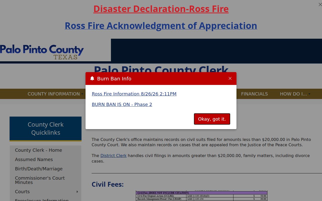 Palo Pinto County civil docket access notice